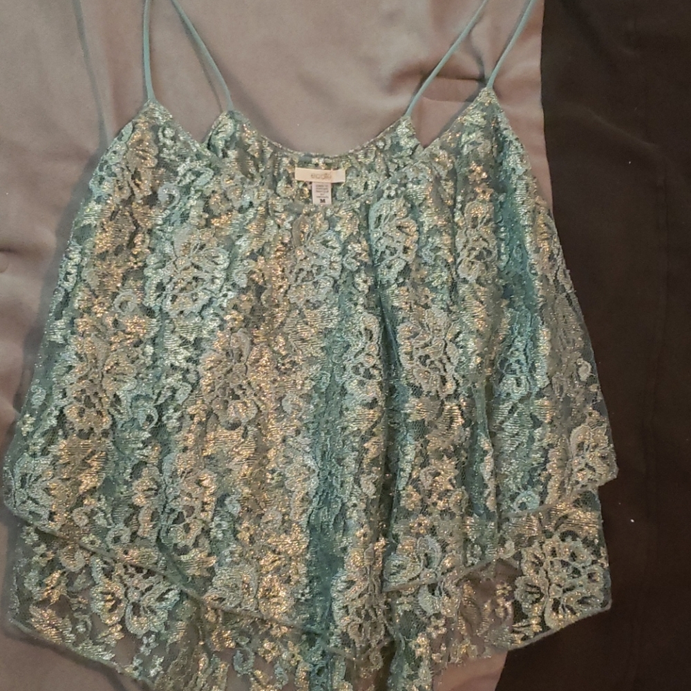 Green and gold lace crop tank top